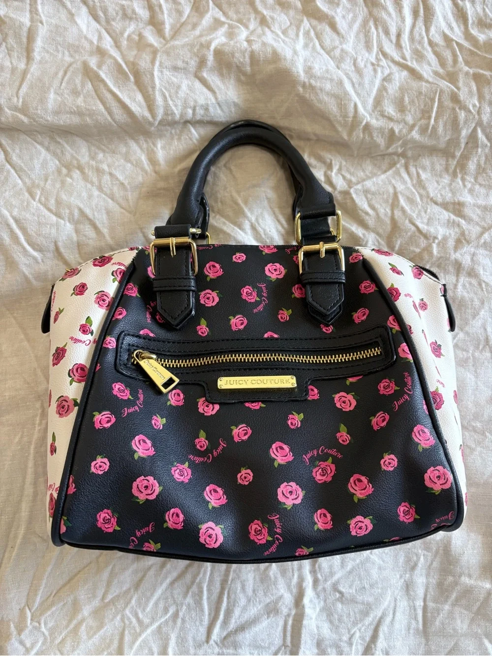 Juicy Couture Black and White Satchel Handbag with Pink Rose Floral Print
